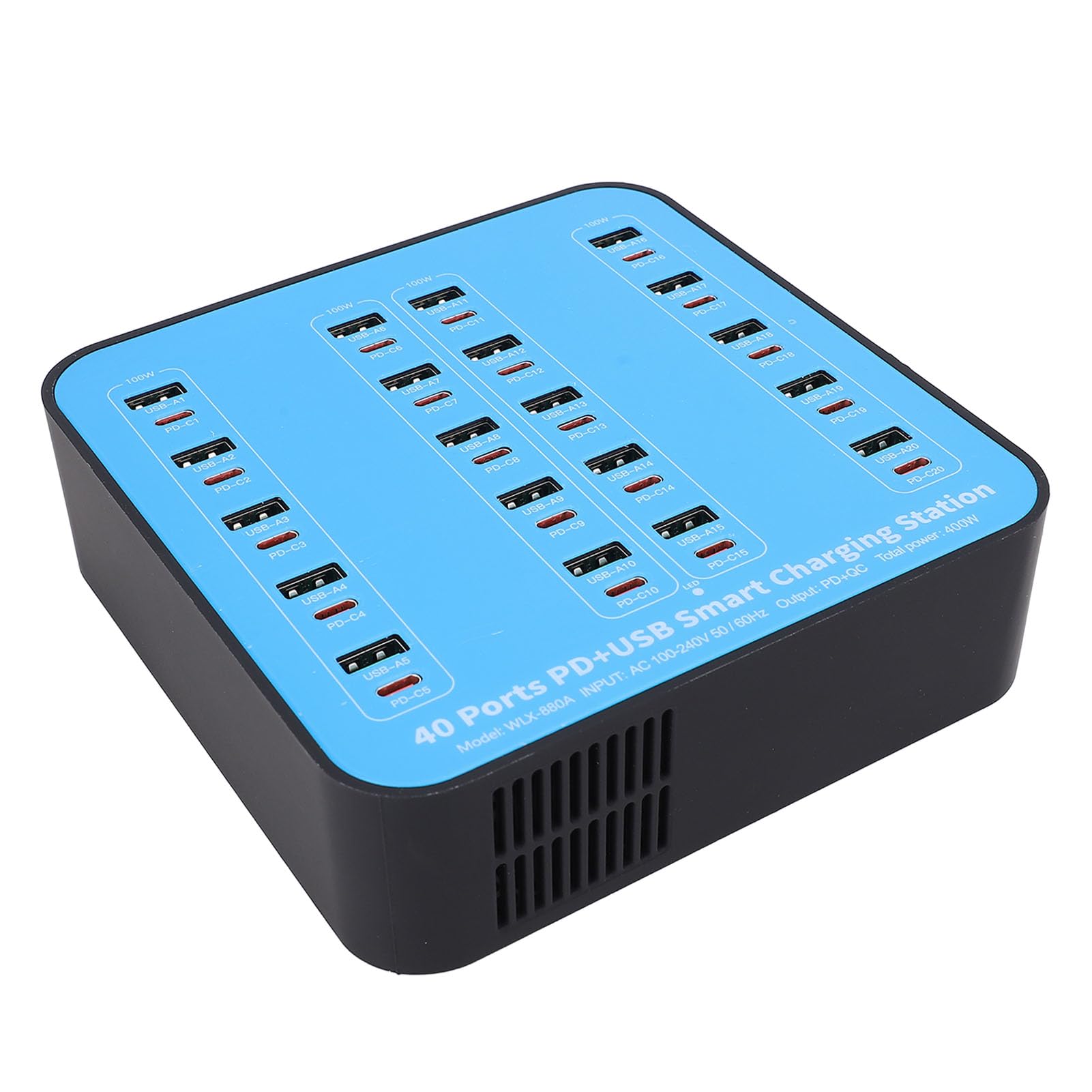 Station de Chargement USB, Chargeur Multi-périphériques 400W 40 Port avec 20 Ports USB 20 PD, Bloc de Chargeur USB C pour Smartphones Tablettes Ordinateurs Portables (Prise UE)