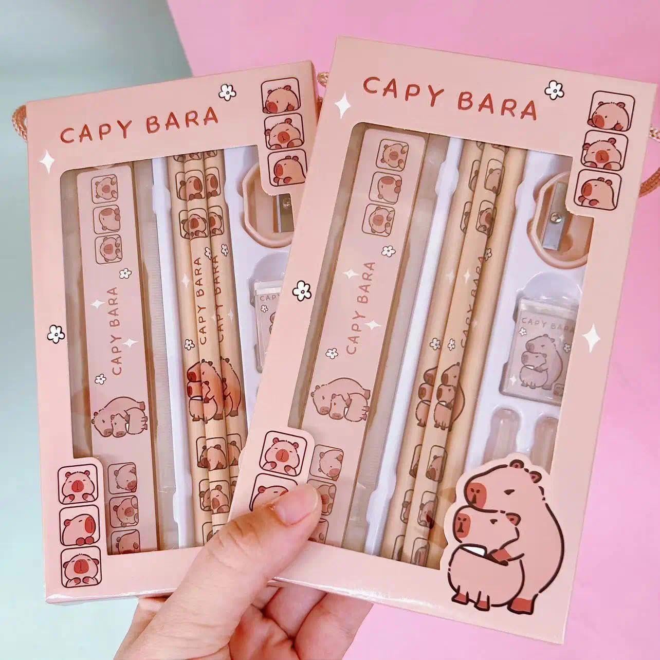 YiFuLinBEI 8 in 1 Capybara Cartoon Animals Pencil Ruler Eraser Sharpener Stationery Set Kids School Office Writing Supplies Gift (1Set)