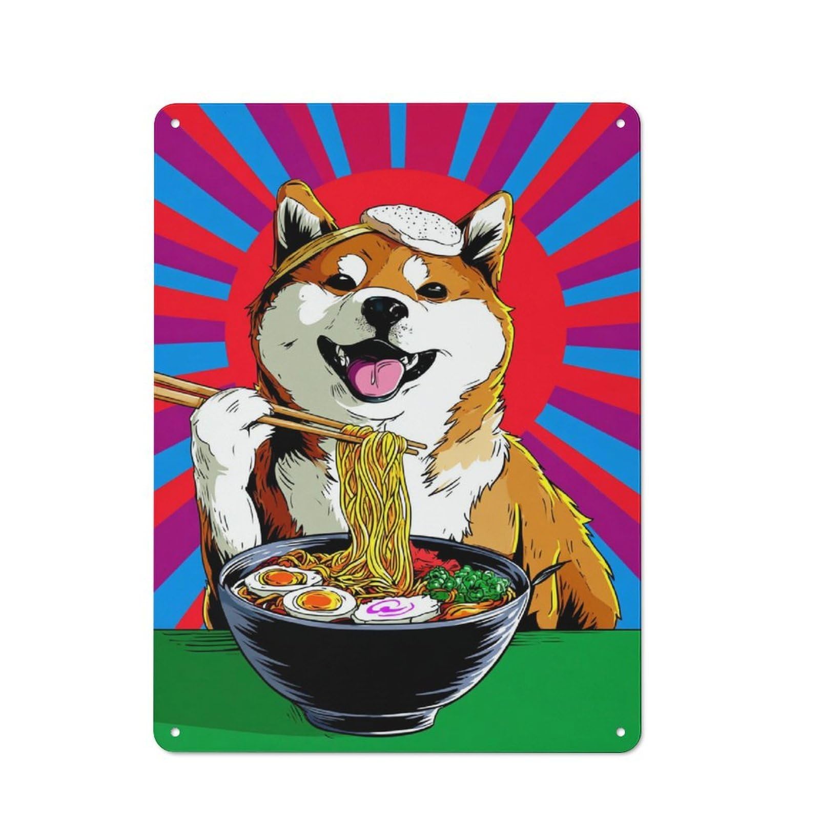 Shiba Inu Enjoying Ramen Bowl Metal Wall Sign 40x30cm, Rustic Decor for Garage Wall, for People Furnishing A Garage