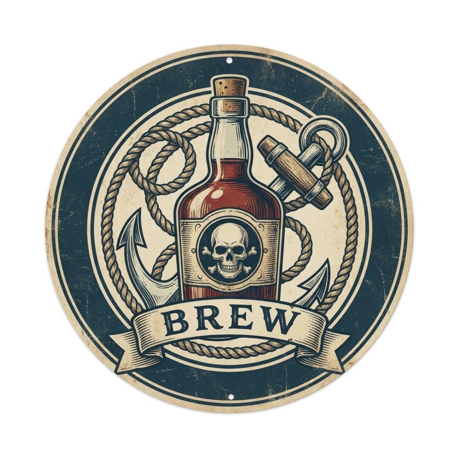 Brew Rum Bottle Anchor Rope Buccaneer Seafaring Metal Tin Sign