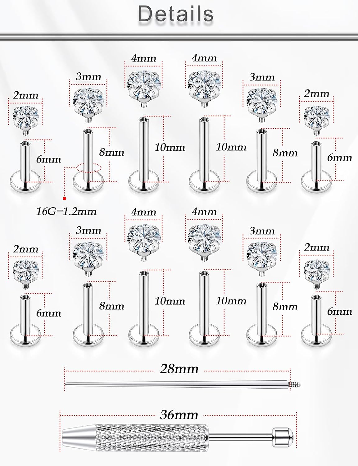 18G 16G 14G Lip Labret Medusa Nose Rings Studs Flat Back Earrings Internally Threaded 316L Surgical Steel Cartilage Tragus Helix Conch Earrings Piercing Jewelry for Women Men 6mm 8mm 10mm