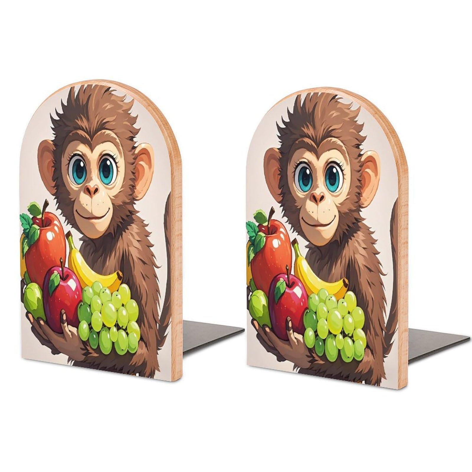 Monkey Holding Fruit Bookend for Shelves Wooden Book End Sturdy Book Holders Stoppers with Metal Base for Bookshelves Slick Decorative Bookends Stands