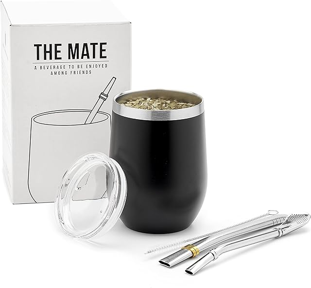 balibetov Modern Mate Cup and Bombilla Set (Yerba Mate Cup) -Yerba Mate Set Includes Double Walled 18/8 Stainless Steel Mate Tea Cup, Two Bombilla Mate (Straw) and a Cleaning Brush (Black, 355 ml)