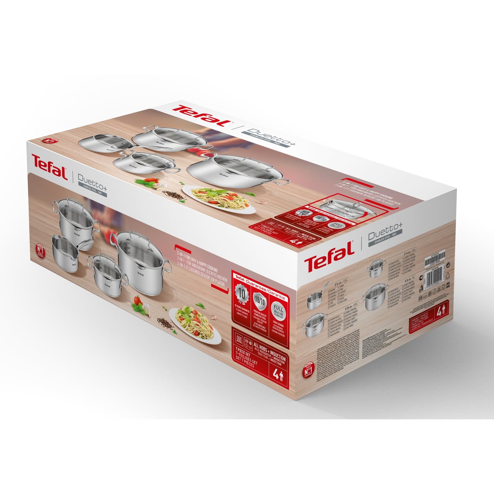 Tefal Duetto Plus 3-teiliges Kochtopf-Set 16/20/24 cm + Stielkasserolle 16 cm + 3 Deckel, induktionsgeeignet, Thermo-Fusion, Messmarken, spülmaschinenfest, backofenfest, Edelstahl