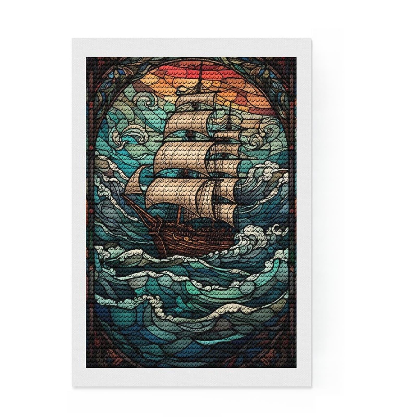 Junmoney Stained Glass Pirate Ship Diamond Painting Set 8"x12", Adhesive Canvas, Finish and Display, Office Decor, Birthday Gift, Sparkling Round Gems
