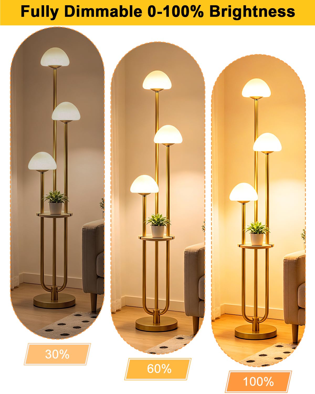 Gold Dimmbare Stehlampe mit Tisch, Moderne Stehlampen für Wohnzimmer, 3000K Warmweiß Hohe Stehleuchte mit Pilzschirmen & Glühbirnen für Schlafzimmer/Büro