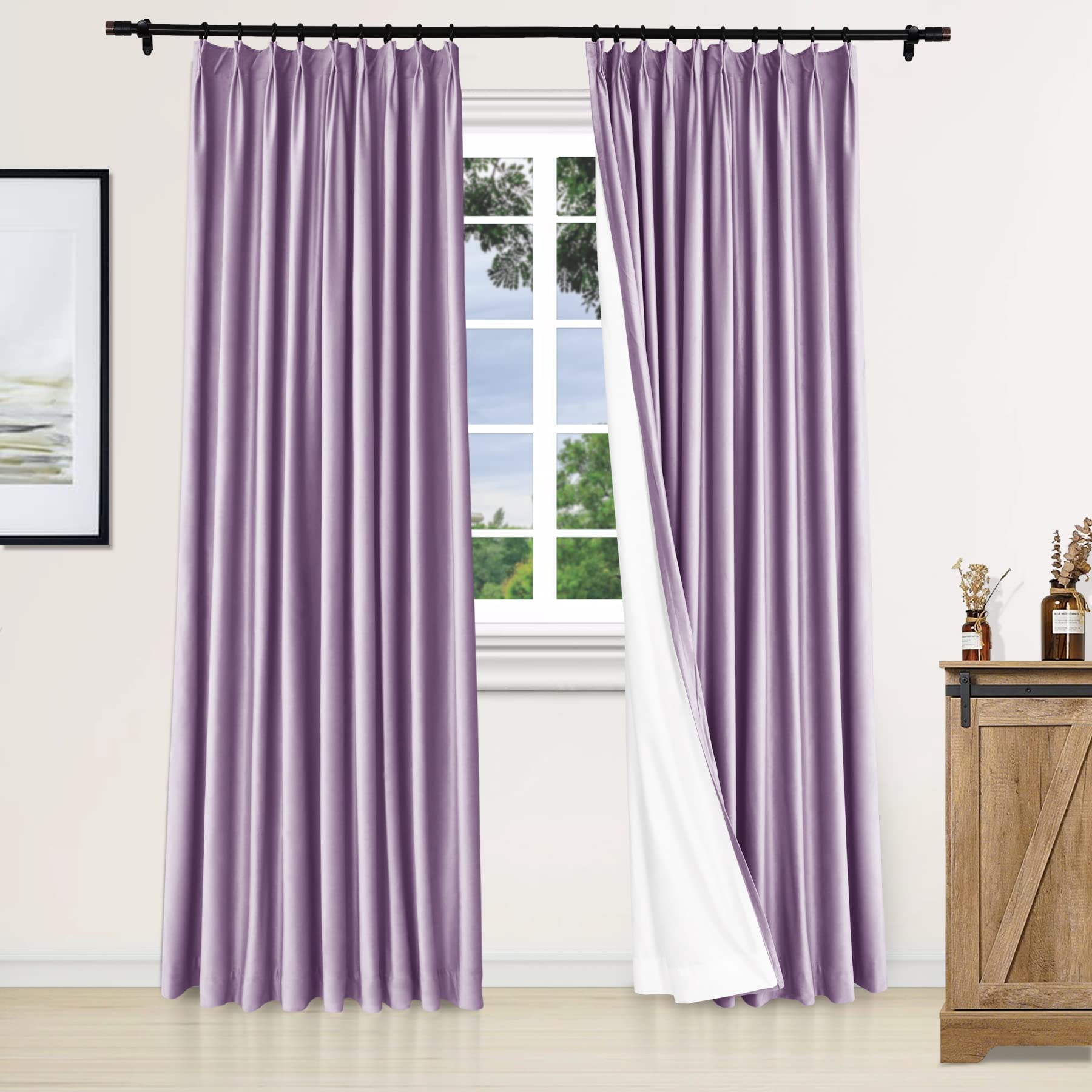 Fcosie 52Wx72L Pinch Pleated Drapes for Traverse Rod Velvet Curtains (with Liner), Room Darkening Window Treatments Privacy Drapery for Girls Boys Teen Children Nursery Baby Kids, 1 Panel, Violet