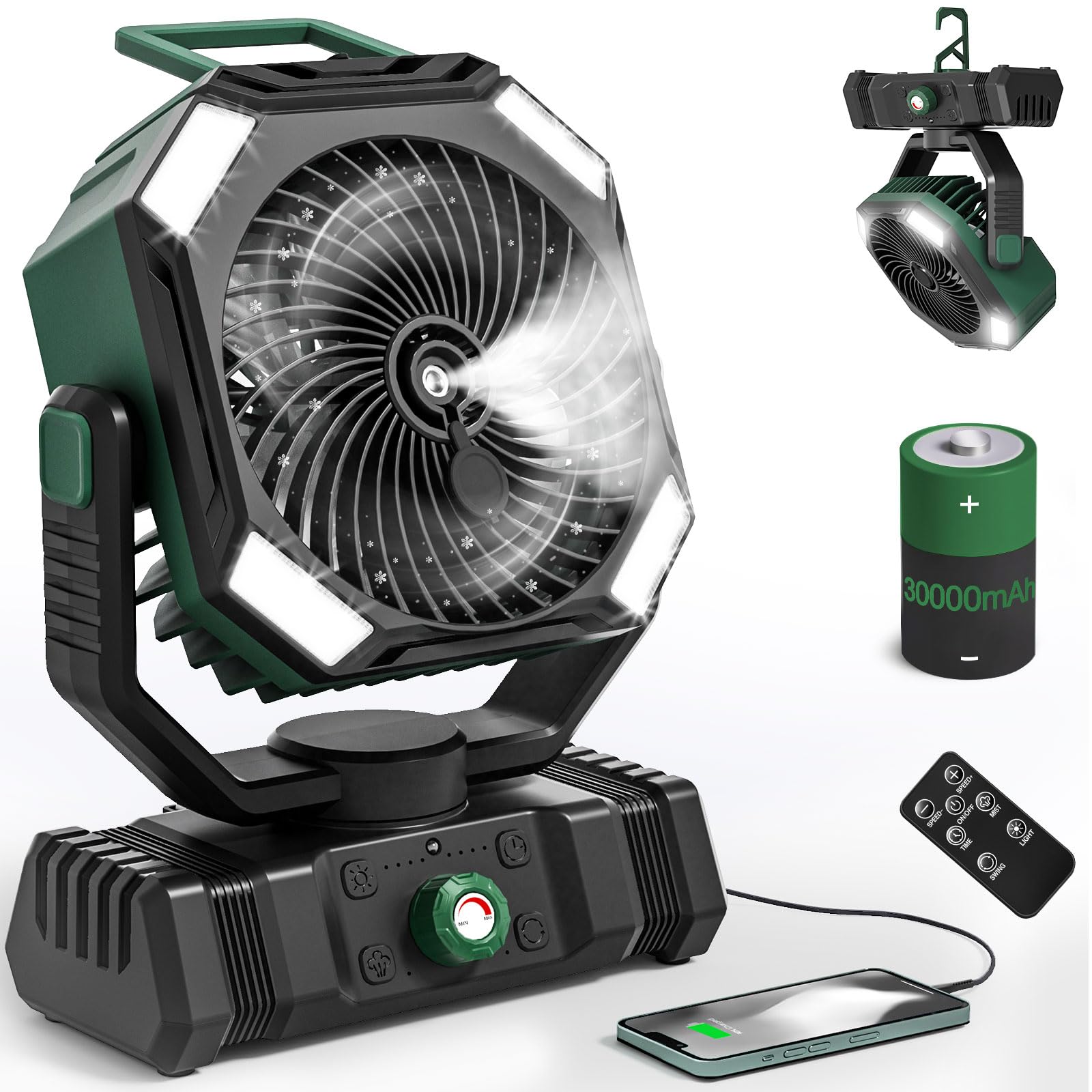 AIEPOCH Camping Fan Rechargeable - 30000mAh Battery Powered Misting Fan for Outdoor Beach Tent - Portable Battery Operated Tent Air Conditioner for Camping - Glamping Essentials (Green)