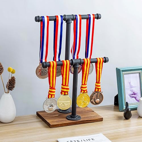 Miniatura 4 de MyGift Soporte de exhibición de joyería industrial ajustable de 2 niveles, tubo de metal rústico y base de madera marrón para collares, pulseras,