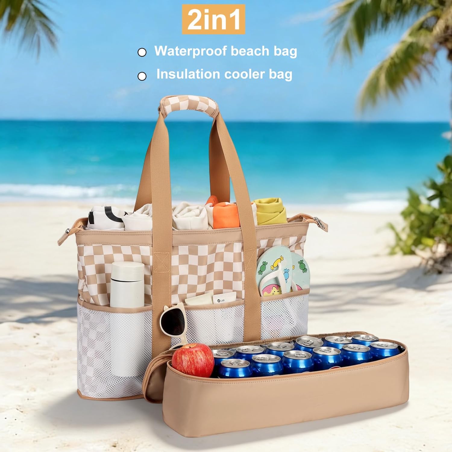 Octsky Beach Bags with Cooler Women Beach Tote Bag Waterproof Sandproof Zipper Large Pool Bag 9 Pockets