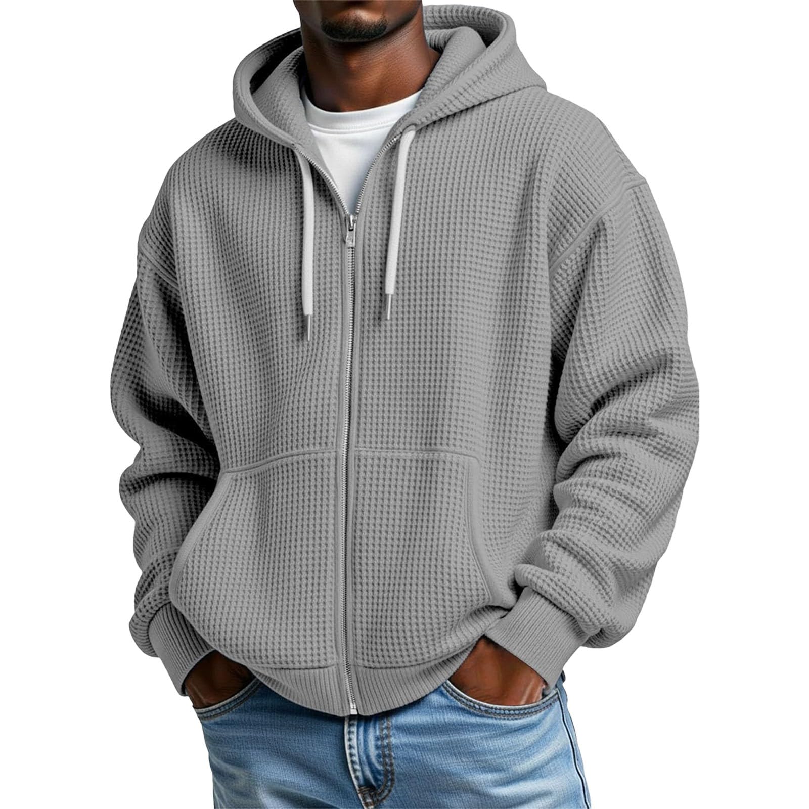 Sudadera con capucha para hombre, monocolor, con cremallera, sudadera de manga larga, tejido gofre, cremallera completa, sudadera con capucha con cordones ajustables, sudadera con capucha transpirable