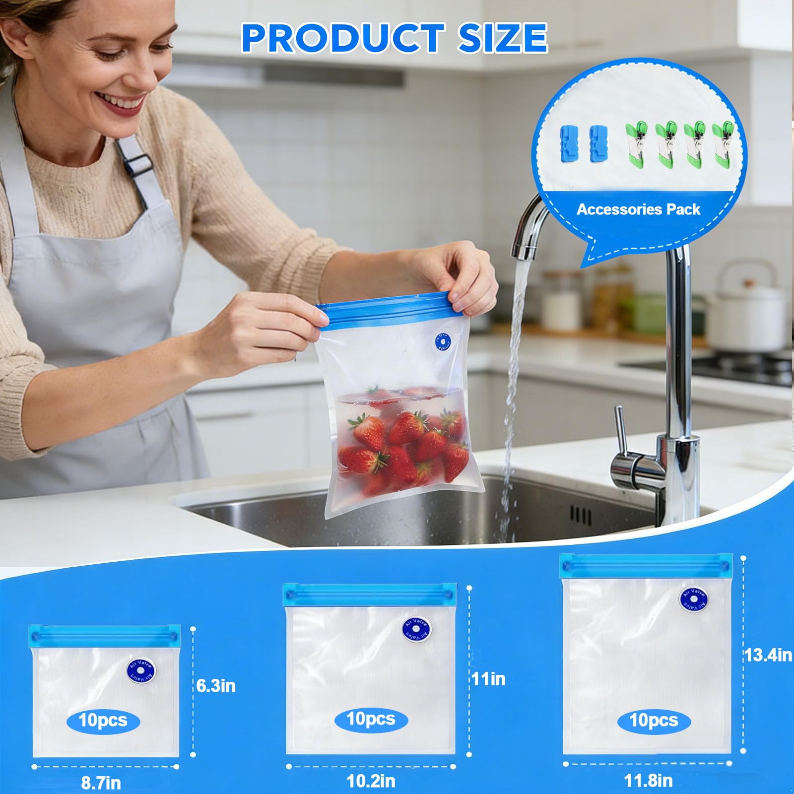 MOMODA Sous Vide - Juego de 30 bolsas de sellado al vacío reutilizables sin BPA con válvula de aire para cocinas Joule y Anova, bolsas de almacenamiento de alimentos al vacío seguras para congelador