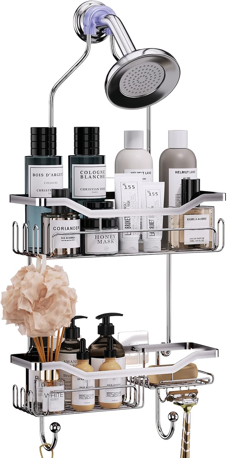 HapiRm Hanging Shower Caddy, Rustproof & Waterproof Shower Shelf over Shower Head with Shampoo Holder and Hooks, No Drilling Shower Organizer for Bathroom - Silver