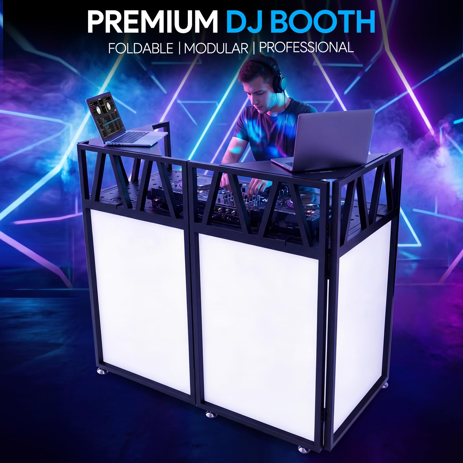 Cabina per DJ con ruote, 107 x 53 x 117 cm, con scrim | Bianco e Nero Scrim, Portatile Pieghevole DJ Tavolo Stand con Borsa per il Trasporto, per Feste, Eventi, Matrimonio