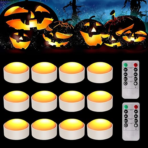 Riakrum 12 Piece Halloween Pumpkin Lights with Remote and Timer - LED Jack-O-Lantern Light, Battery Operated, Flickering Flameless Candle (Orange)