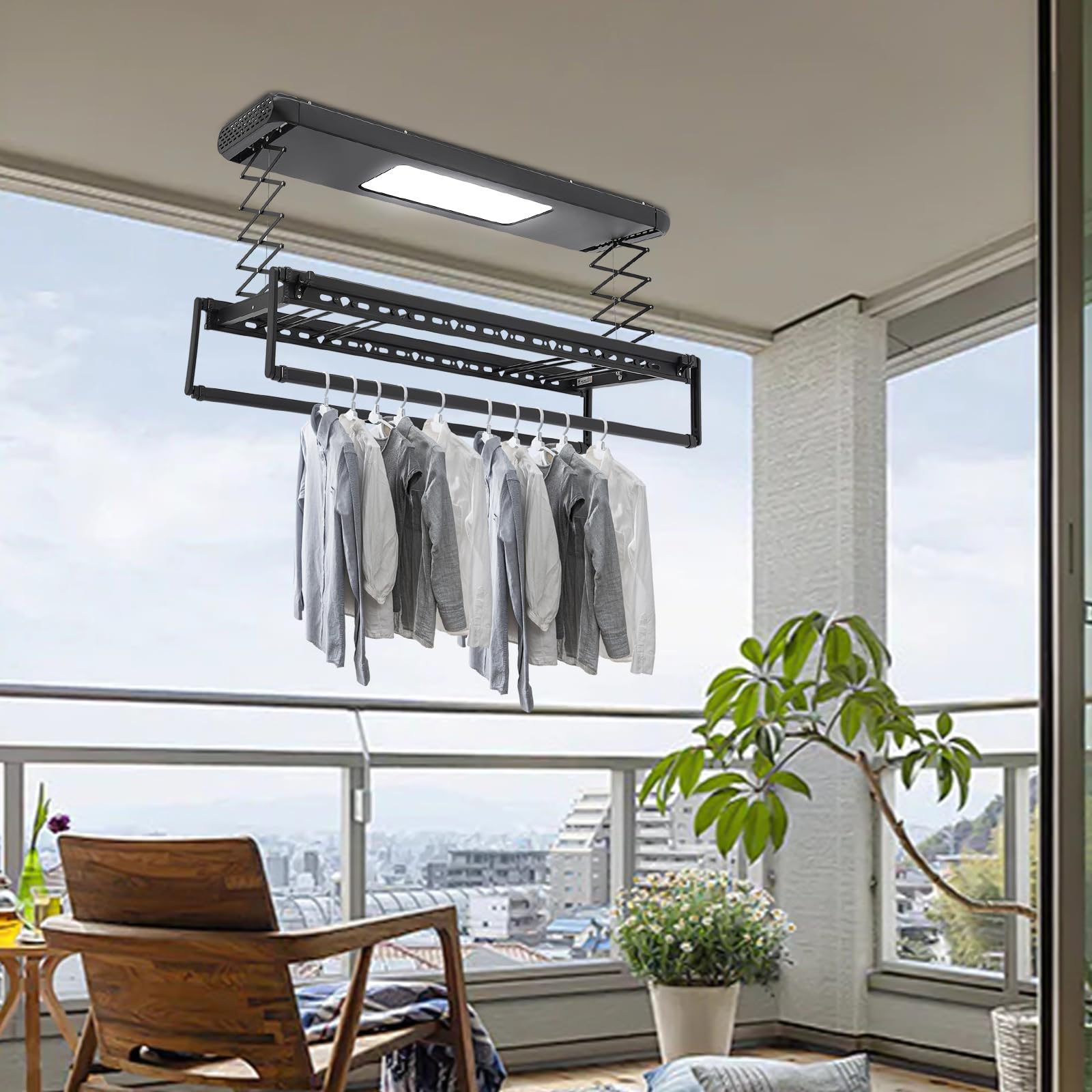 MEELRYD Séchoir à linge pour plafond, capacité de charge de 35 kg, réglable en hauteur (110 cm), avec télécommande et lumière LED, pour balcons, buanderies, hôtels, 125 x 31 x 7 cm