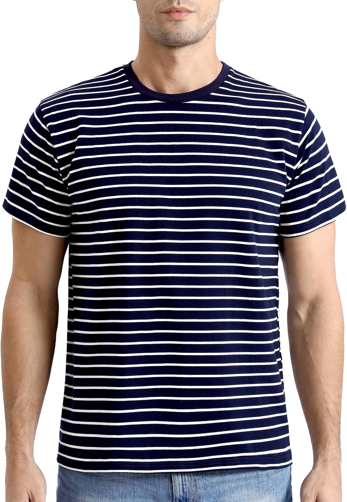 COSAVOROCKMen's Wide Striped Cotton Short Sleeve T-Shirts Crew Neck Basic Casual Top