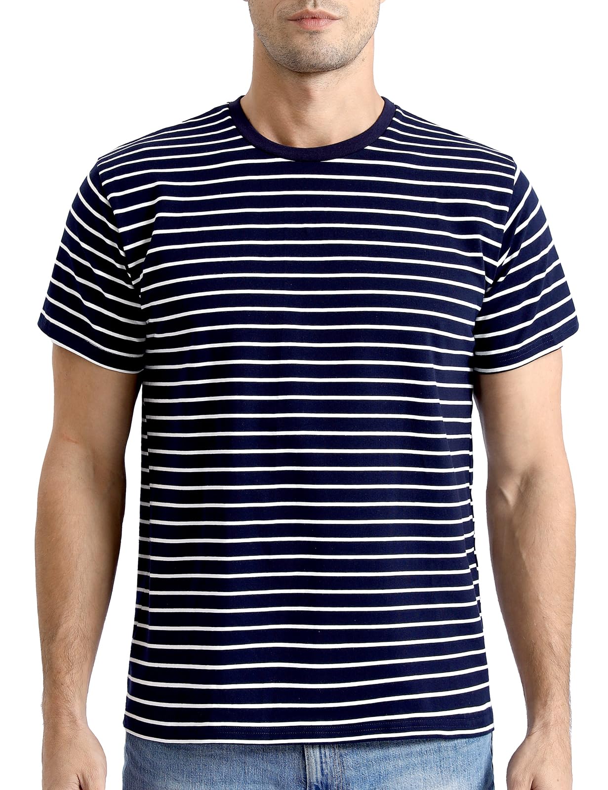 COSAVOROCKMen's Wide Striped Cotton Short Sleeve T-Shirts Crew Neck Basic Casual Top
