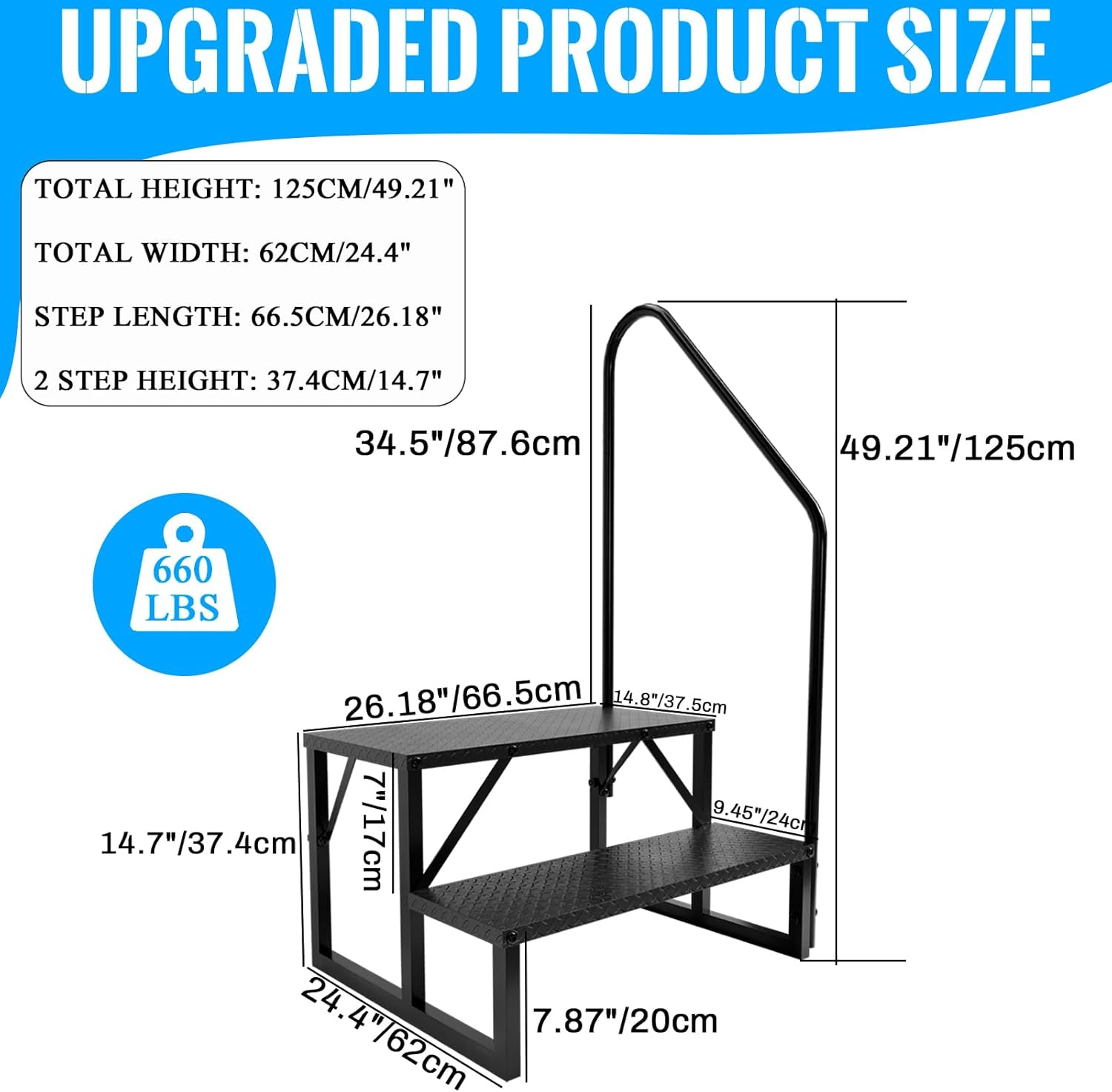 2 Step RV Stairs with Handrail, 660LBS Heavy Duty Anti-Slip Metal RV Steps, Detachable Outdoor Stairs for 5th Wheel/Hot Tub/Mobile Home/Pool