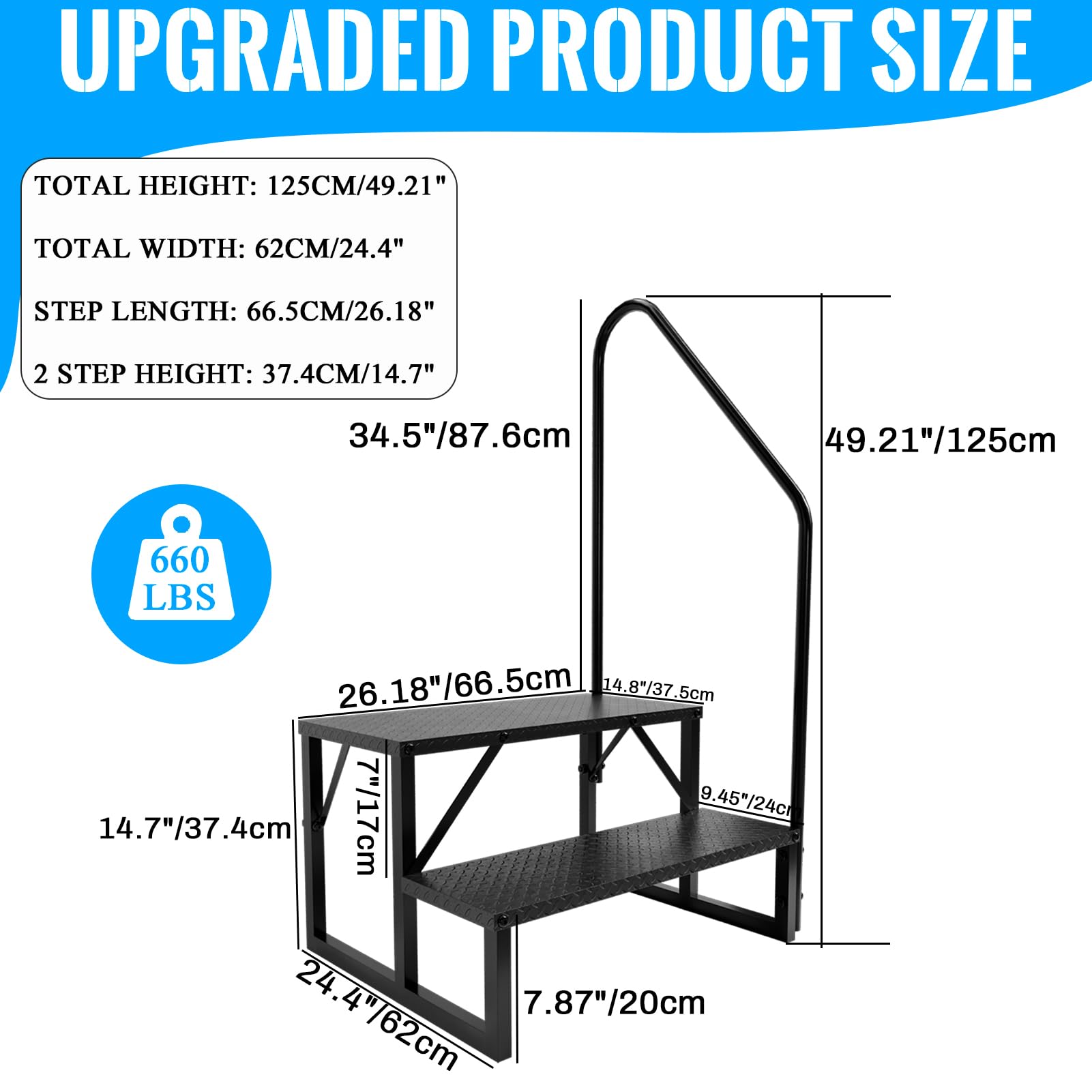 Escaleras de RV con Barandilla, Escalera de 2 Peldaños para RV con Capacidad de Carga de 660 lbs, Escalerilla con Panel Antideslizante, Escalera Móvil para Caravanas (2 peldaños)