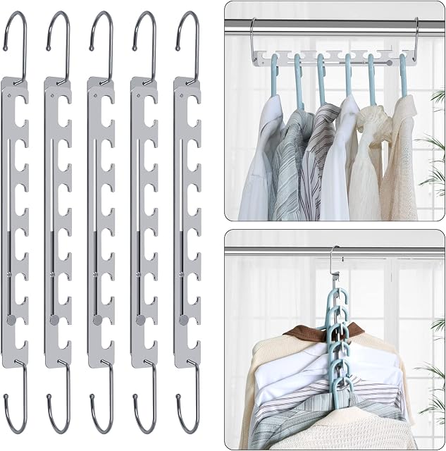 Sindax Telescopic Space Saving Hangers, 6 Holes Adjustment to 9 Holes Heavy Clothes Hangers, Upgraded Sturdy Stainless Steel Metal Magical Coat Hangers, Closet Organiser and Wardrobe Storage- 5Pack