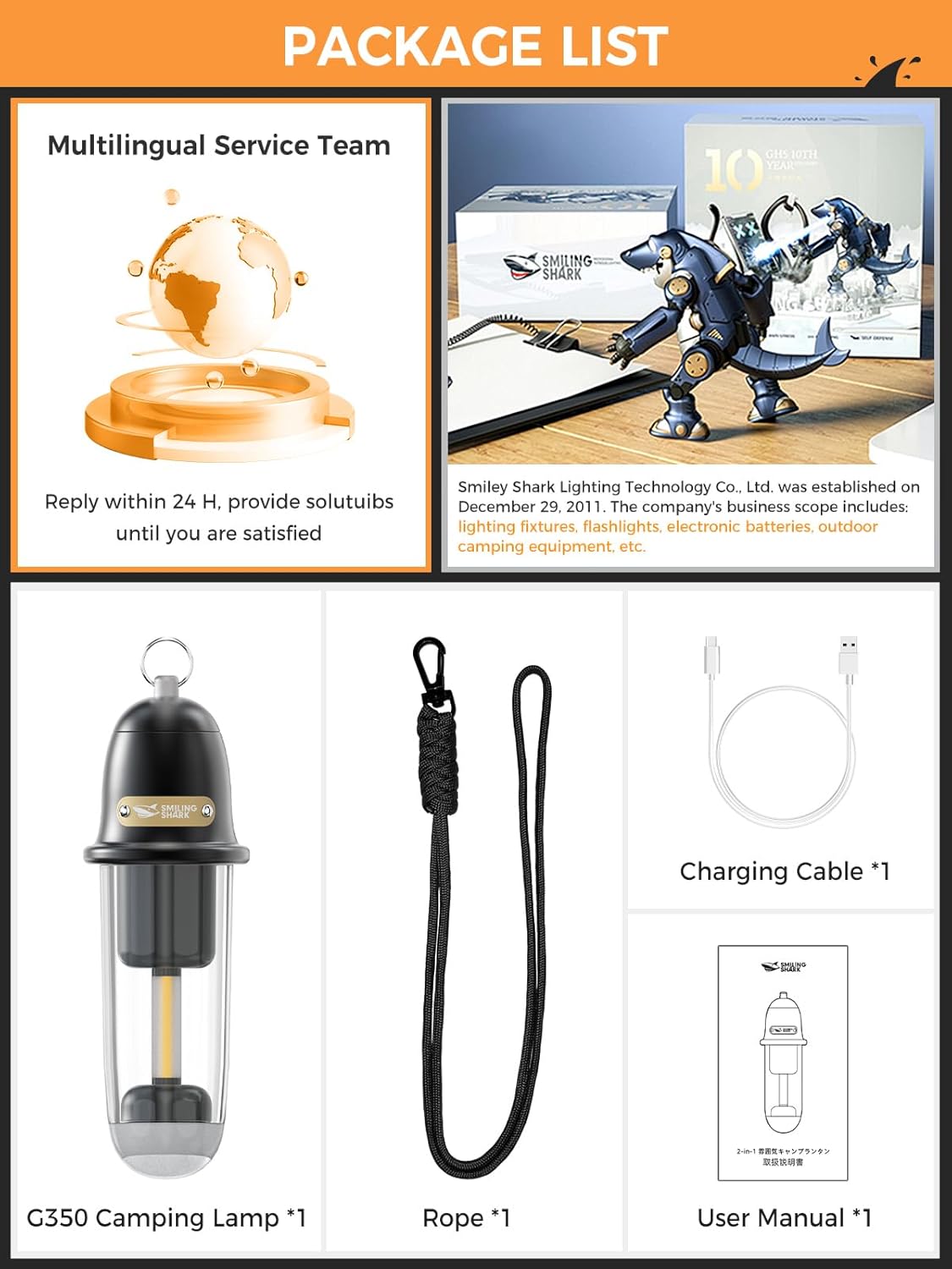 Smiling Shark Camping Ambient Lighting, XPE LED Small Tent Light with Lanyard Rechargable IPX4 Waterproof White & Warm Light Mode Wearable Portable Camping Lantern for Outdoor Hiking Emergency Picnic