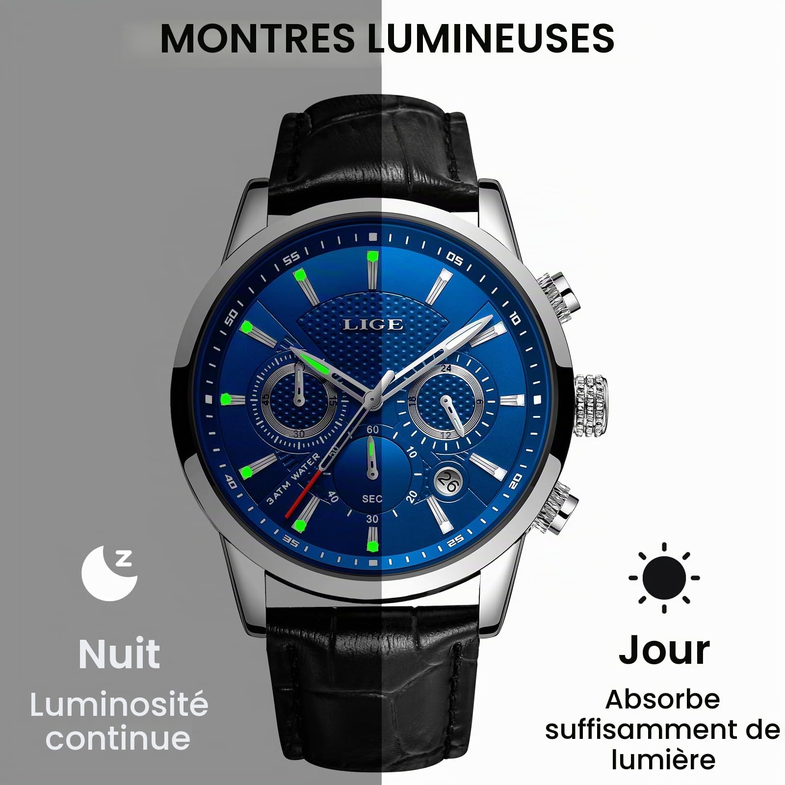 LIGE Montre Homme Chronographe 3 ATM Etanche Vintage Montres Hommes Cuir Quartz Date Aiguilles Luminescentes Business et Décontractée Waterproof Mens Watches for Men