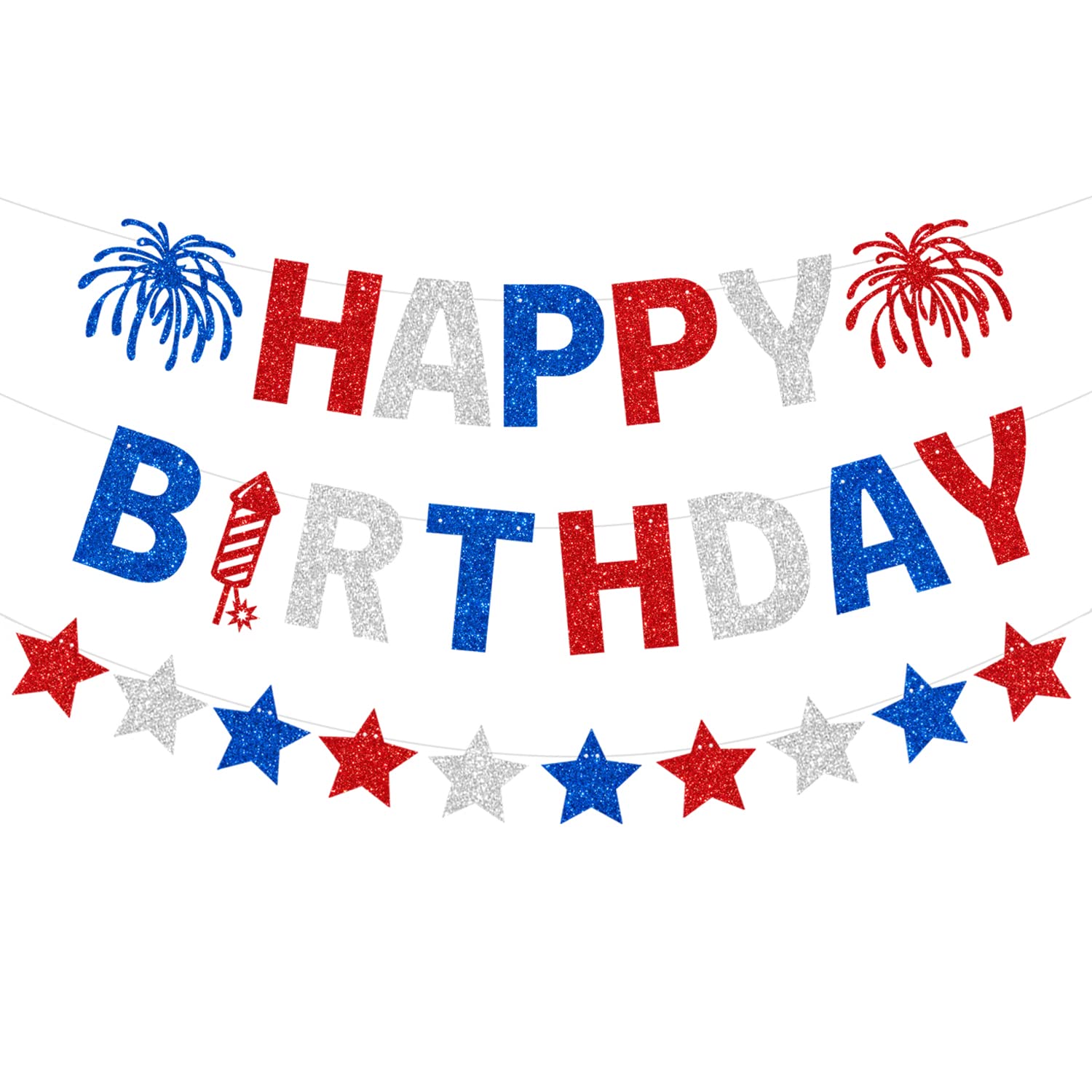 JOZON Red White Blue Glittery 4th of July Happy Birthday Banner and Stars Banner for Patriotic USA Fourth of July America Independence Day Birthday Party Decorations Memorial Day Supplies