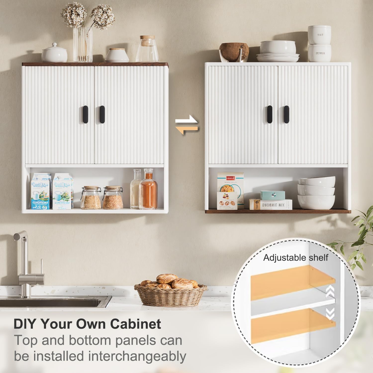 Bathroom Wall Cabinet, Modern Medicine Cabinet with Adjustable Shelves, 2 Fluted Doors & Silent Soft-Close Hinges, Storage Cabinet for Kitchen, White