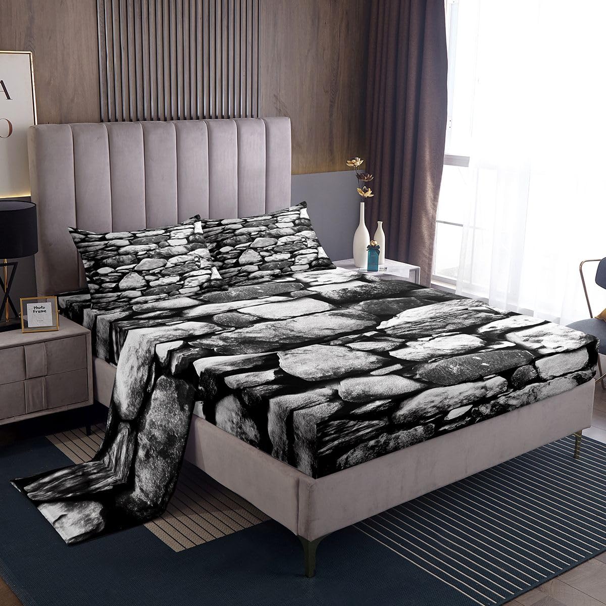 Homewish Set di biancheria da letto per letto matrimoniale, decorazioni medievali per feste, per adolescenti, motivo mattoni, tema rock, nero, grigio, con lenzuolo superiore con angoli, 4 pezzi
