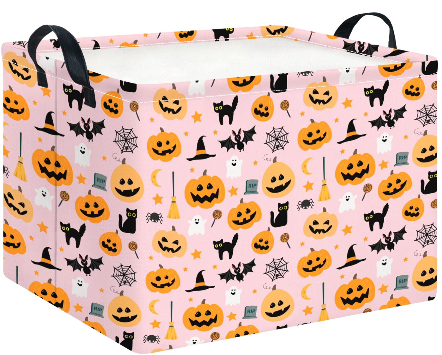 Rectangle Storage Basket with Handles,Collapsible Storage Bin,Books Box,Gift Basket(Pink Cat Halloween)