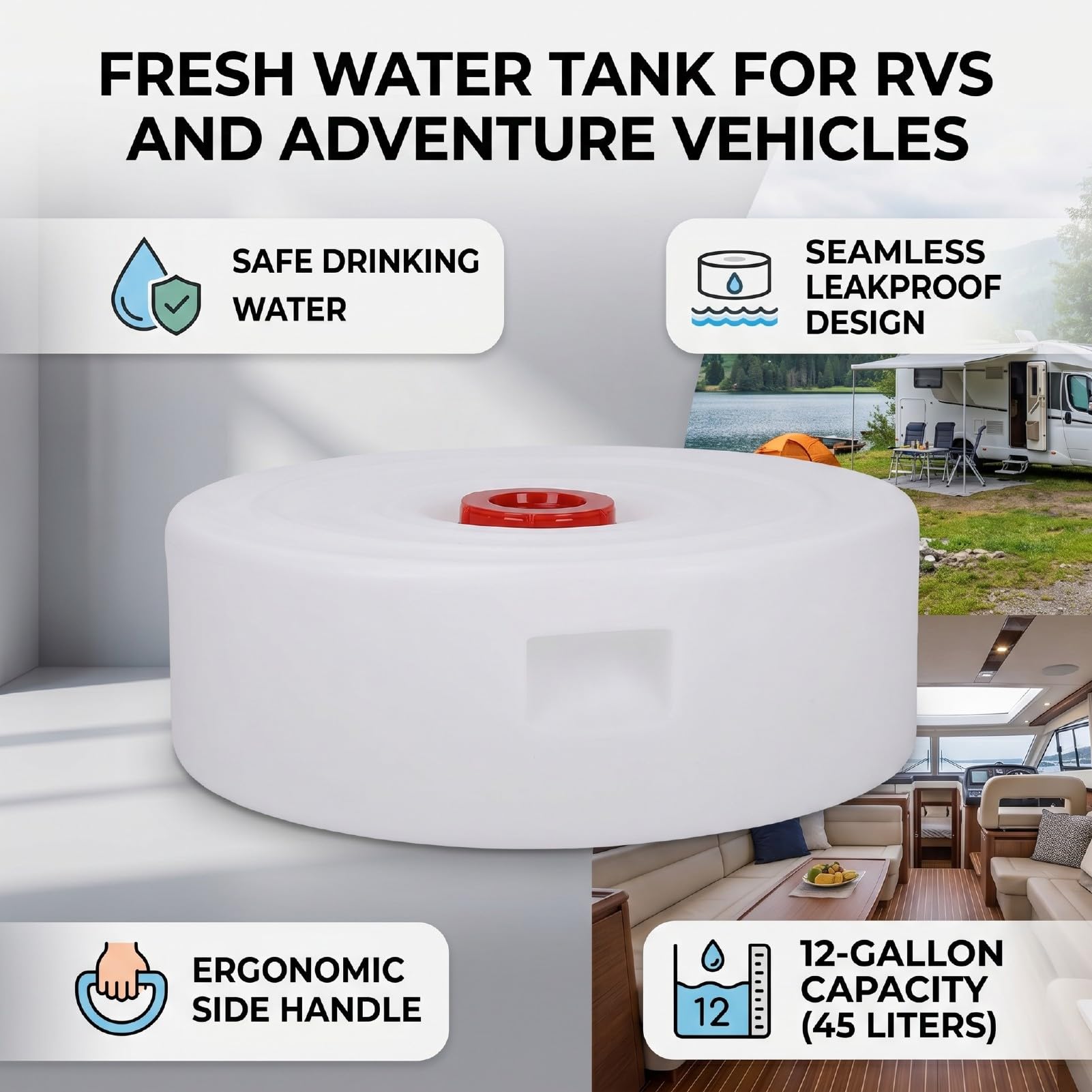 Yctze Wohnmobil-Wassertank, Süßwassertank, Wasserspeichertank, 12 Gallonen, 45 L, LLDPE in Lebensmittelqualität, Nahtlos, Auslaufsicher, mit Verstecktem Griff, 100 Mm Einlass