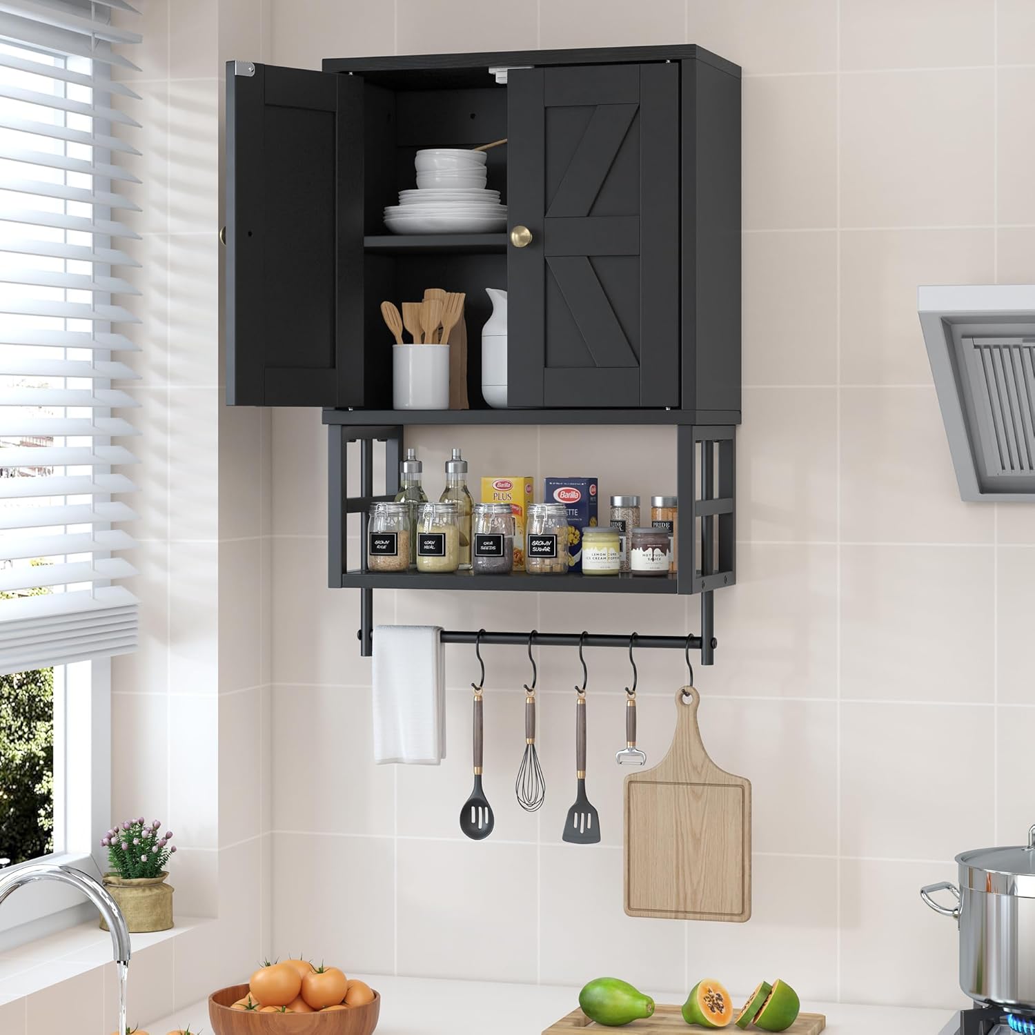 Farmhouse Medicine Cabinet - 3-Tier Wall Mounted Storage Organizer with Adjustable Shelves, Towel Bar, 5 Hooks for Small Bathroom, Laundry Room, Over Toilet, Living Room, Bedroom, Black