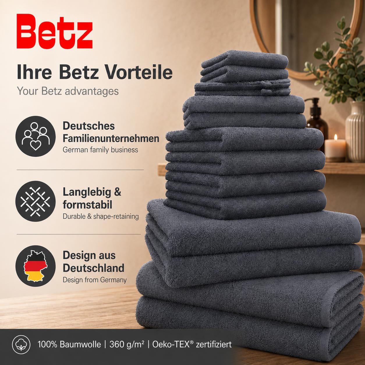 Betz Lot de 12 pièces Berlin 100% Coton 2 Draps de Bain 4 Serviettes de Toilette 2 d'invité 2 lavettes 2 Gants de Toilette Couleur Gris foncé - Berlin