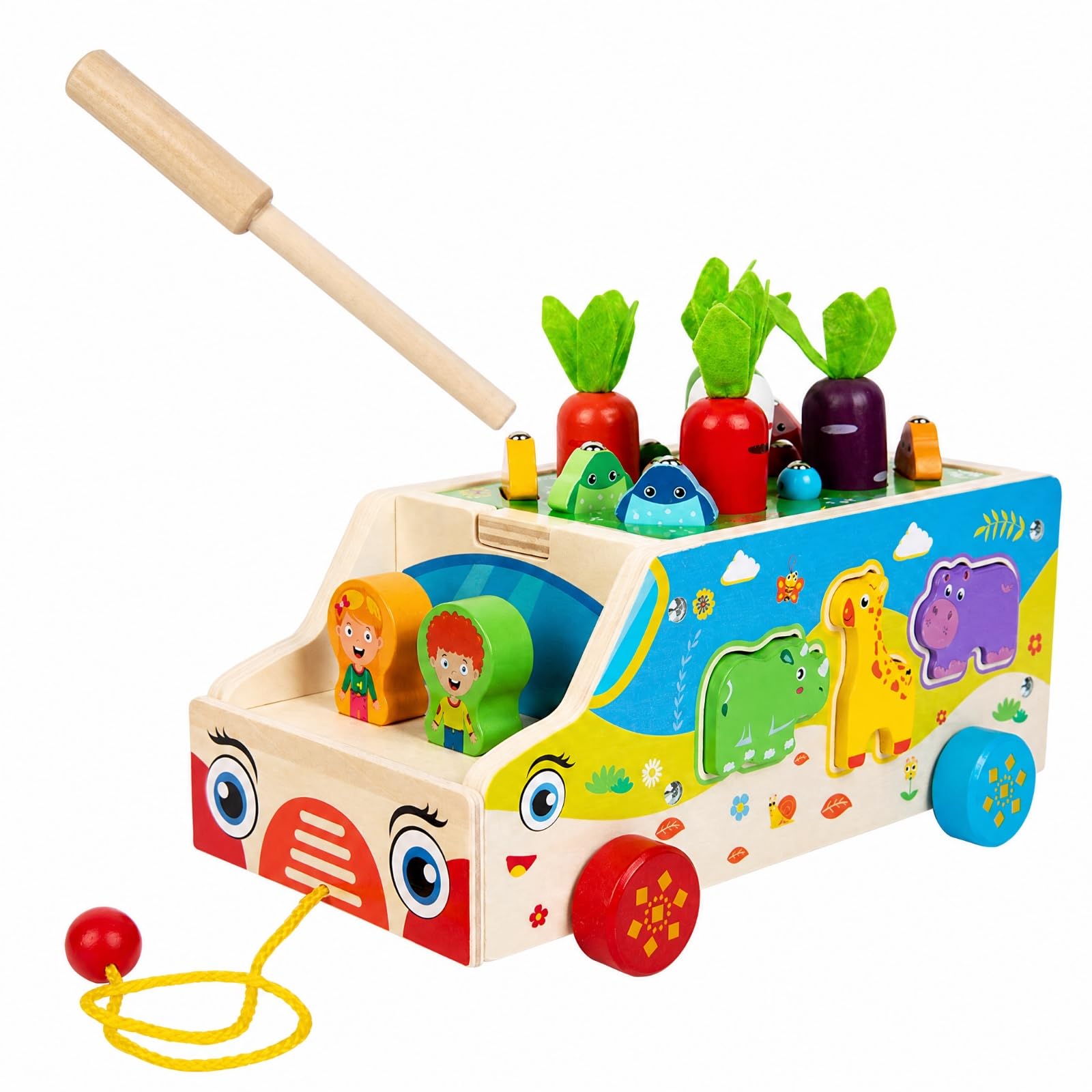 Carrito Actividas Remolque Multifuncional Carrito con Juego Pesca y Verduras Colorido Juguete Educativo para Casa