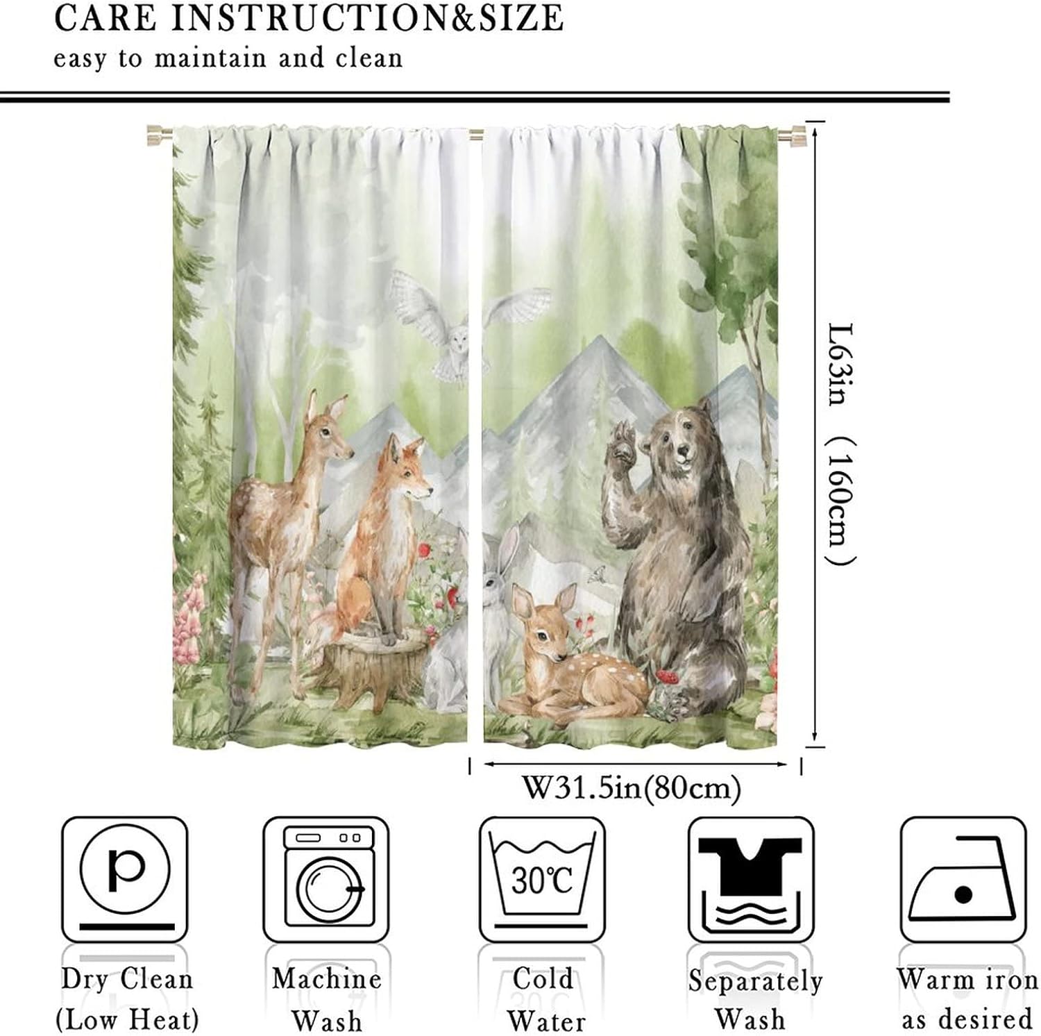 Woodland Animals Forest Print Blackout Curtains for Bedroom - Watercolor Cartoon Bear Deer Fox Cabin Window Drapes,Rod Pocket Room Darkening Curtains 2 Panels 63L x 31.5W