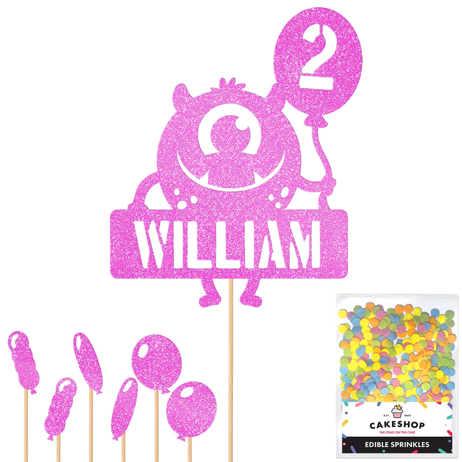 Personalised Birthday Monster Alien Glitter Cake Topper Lt Pink Any Custom Age & Name Glitter Cake Decoration and Sprinkles - Happy Birthday Decorations - Personalised Toppers for Cakes by Cakeshop — image 1