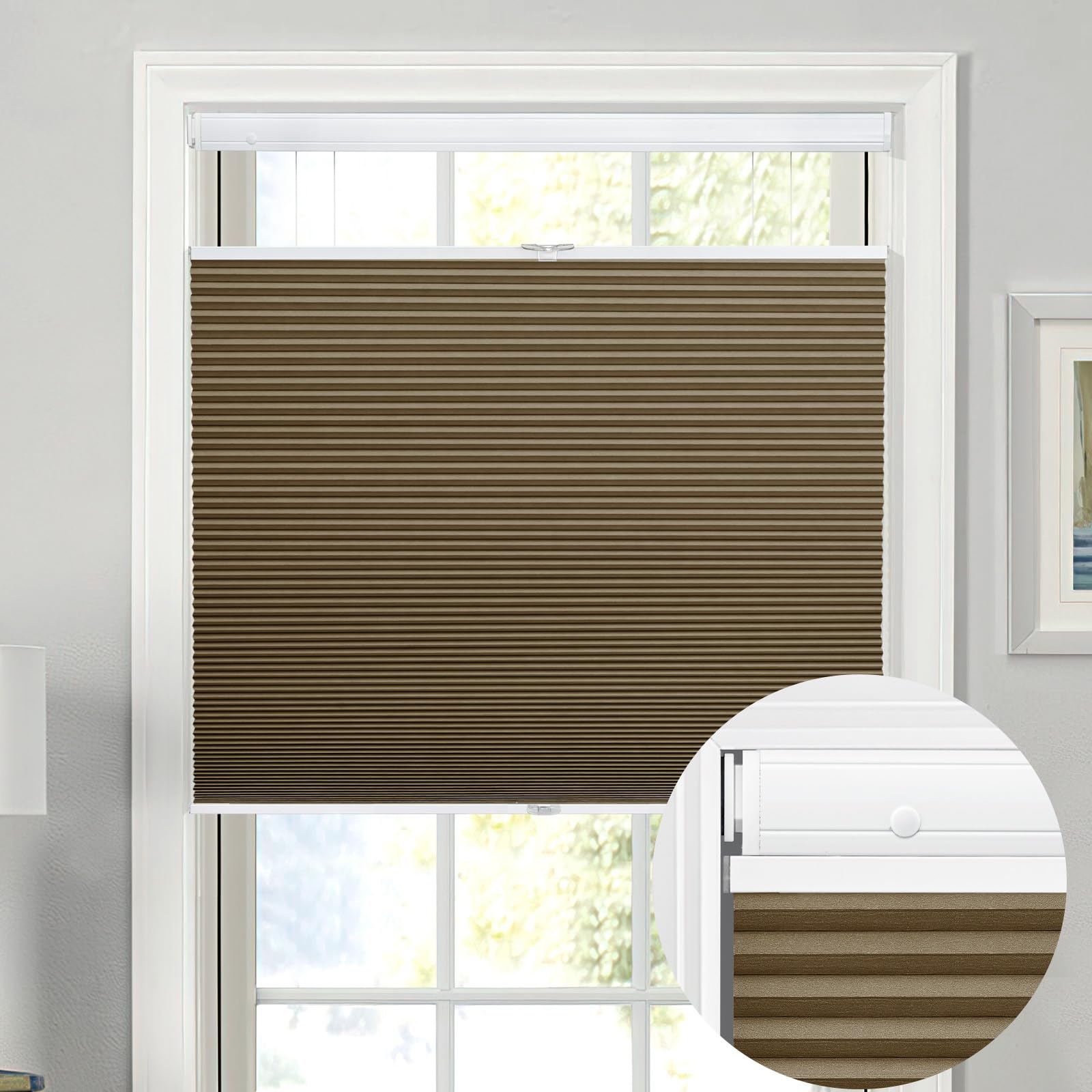 Moonice Top Down Bottom Up Honeycomb Blinds No Drill No Tools Cordless Cellular Pleated Shades 100% Blackout Thermal Window Shades Custom for Home Bedroom Office (Coffee, 85cm W x 180cm H)
