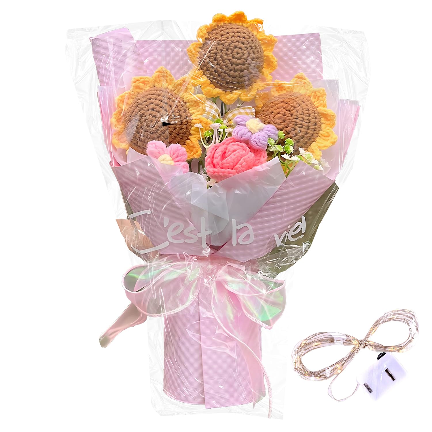 JYCASC Crochet Flower Bouquet with String Light, Decor Handmadeartificial Flowers, Fake Bouquet Sunflower Rose Daisy for Mother, Teachers, Birthday, Holidays Anniversaries, Home Decor