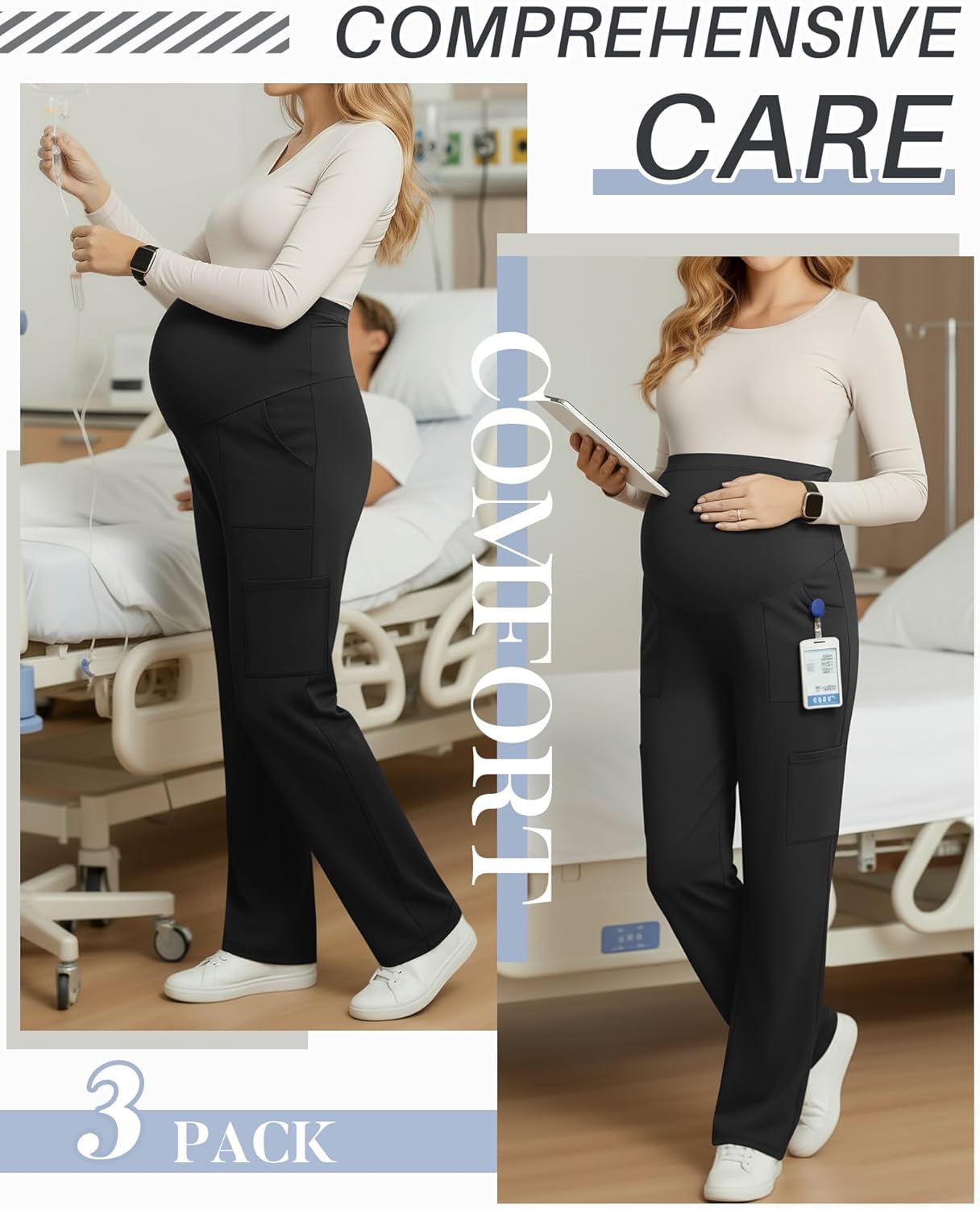 3 Pack Women's Maternity Scrub Pants 6 Pockets Cargo Pants Stretchy Comfy Workwear Straight Leg Pregnancy Pants - Image 5
