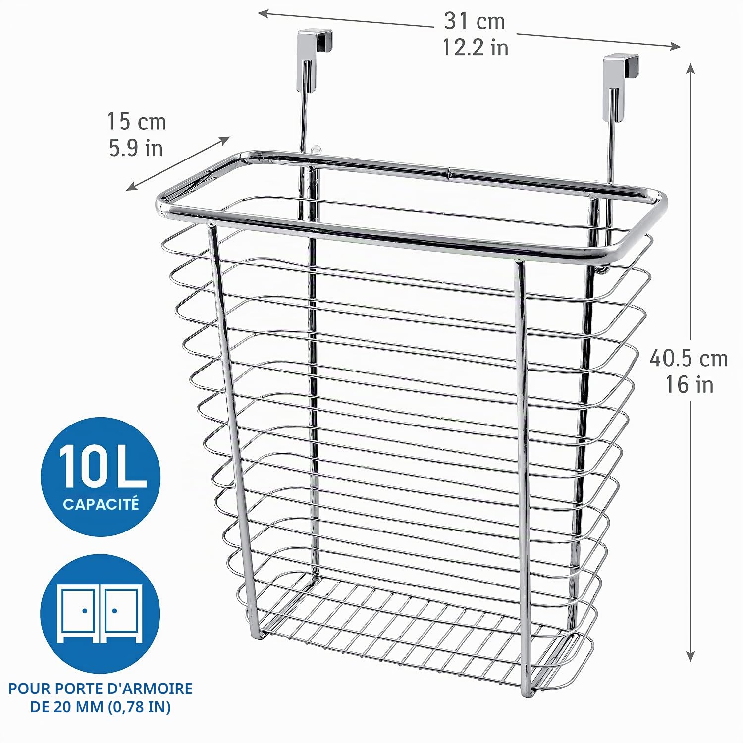 Tatkraft Top Panier Corbeille de Rangement sur Porte de Placard, Poubelle de Placard Suspendue, Grillage Chromé Effet Design