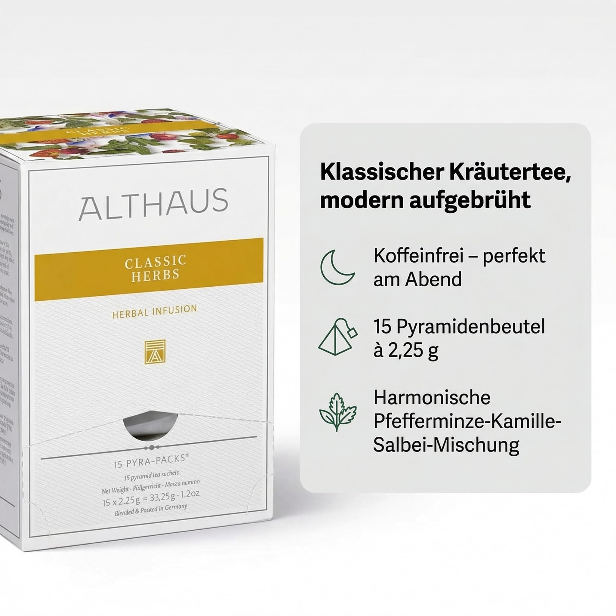 6 Packungen ALTHAUS Classic Herbs Kräutertee, Pfefferminze-Kamille-Salbei, Koffeinfrei, je 15 Pyramidenbeutel à 2,25 g