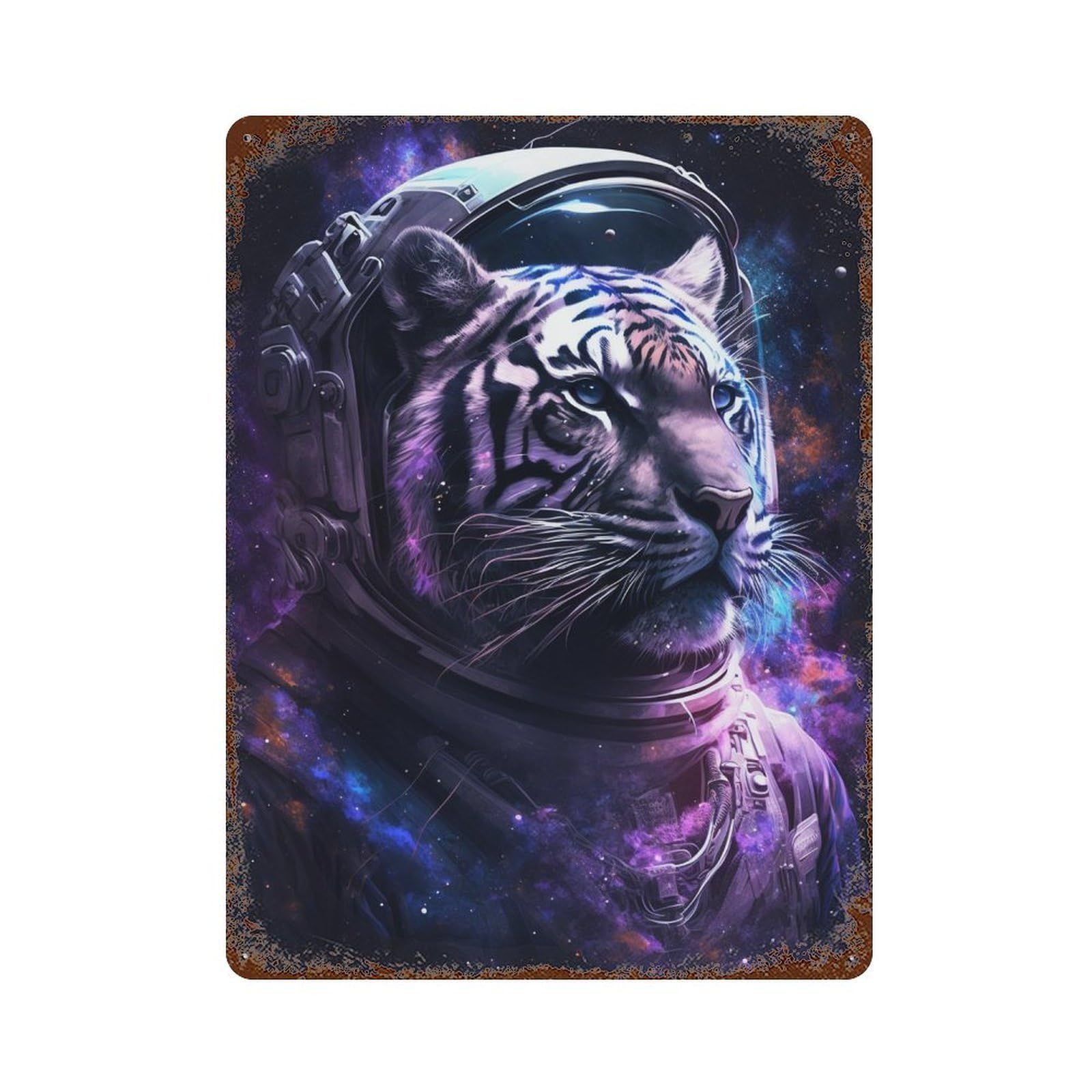 Tiger Astronaut Space Art Print-3 Weathered Tin Sign 15.7"x11.8", for Patio, Garden Room And Bar Decor, Farmhouse Wall Decor