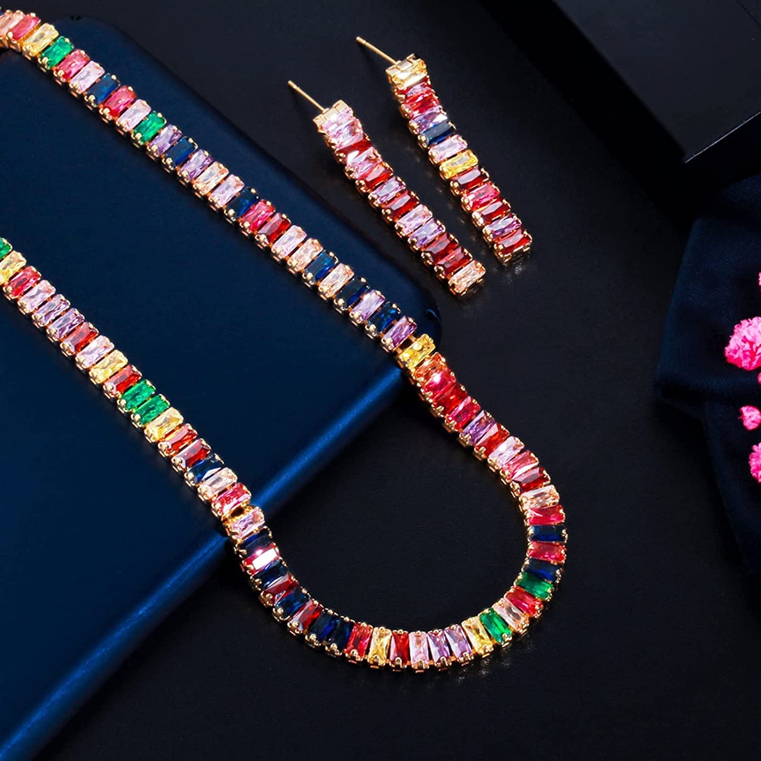 Joyería Multicolor Arco Iris rectángulo Zirconia cúbica Pendientes Collar Conjuntos para Mujeres Moda Fiesta bisutería