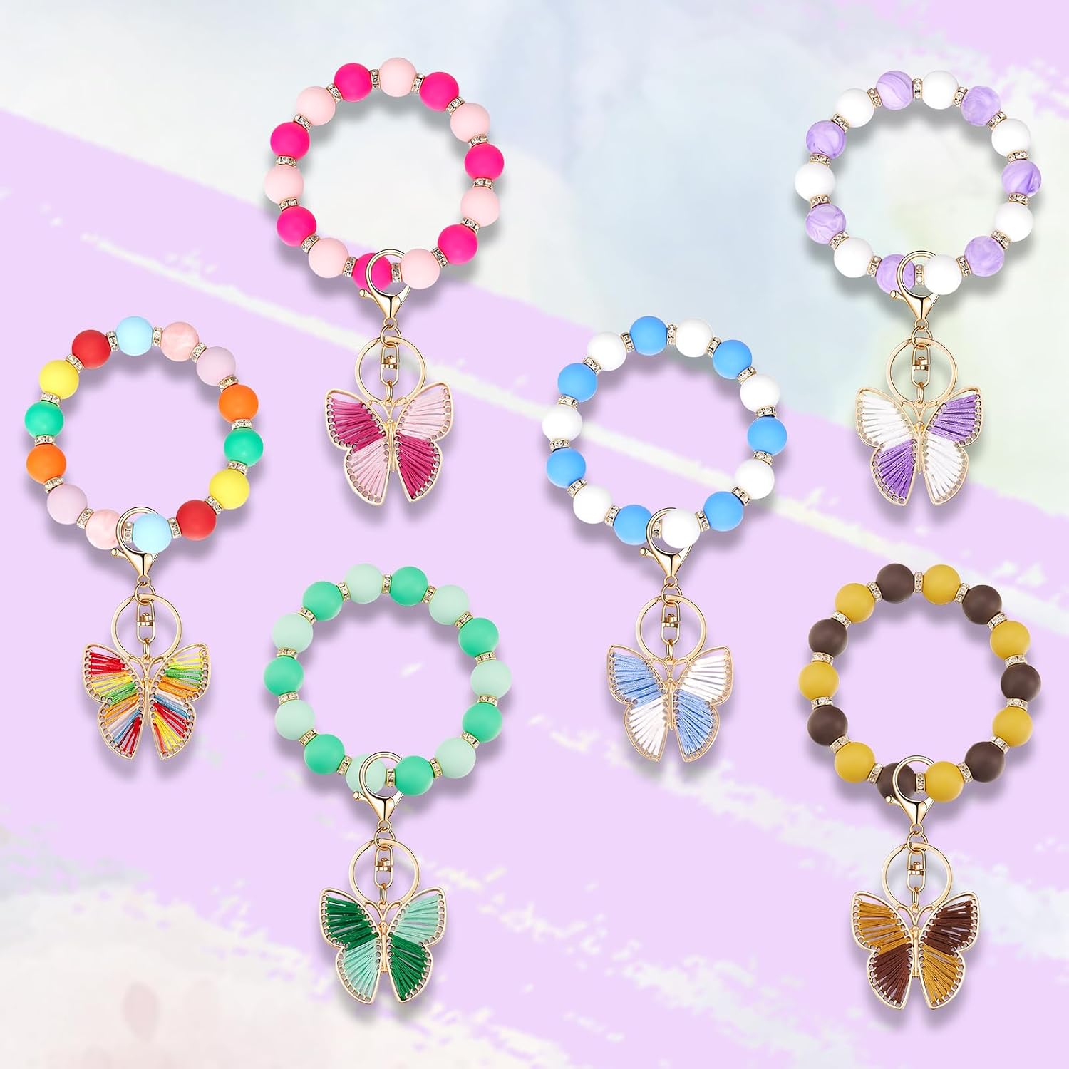 Silicone Beaded Bangle Key Ring With Butterfly Pendant Wristlet Bracelet Keychain For Women Girls