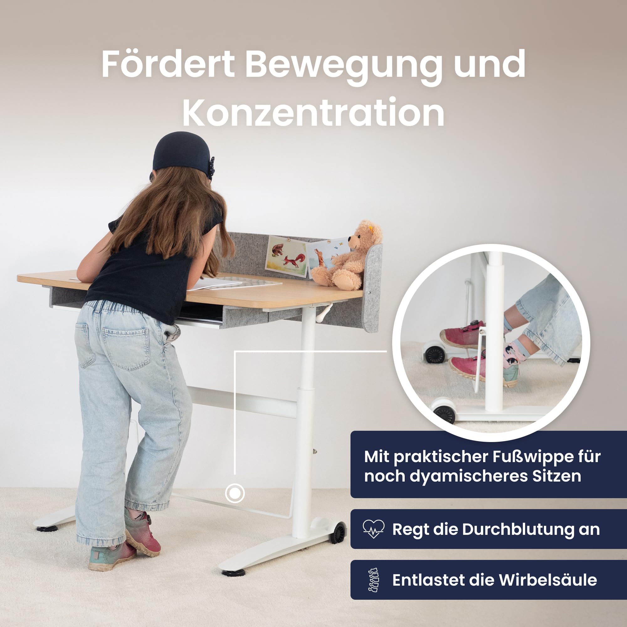 Ergotopia Kinderschreibtisch höhenverstellbar – ergonomischer Schülerschreibtisch für Kinder ab 6 Jahre, mitwachsender Schreibtisch für Grundschule & Hausaufgaben