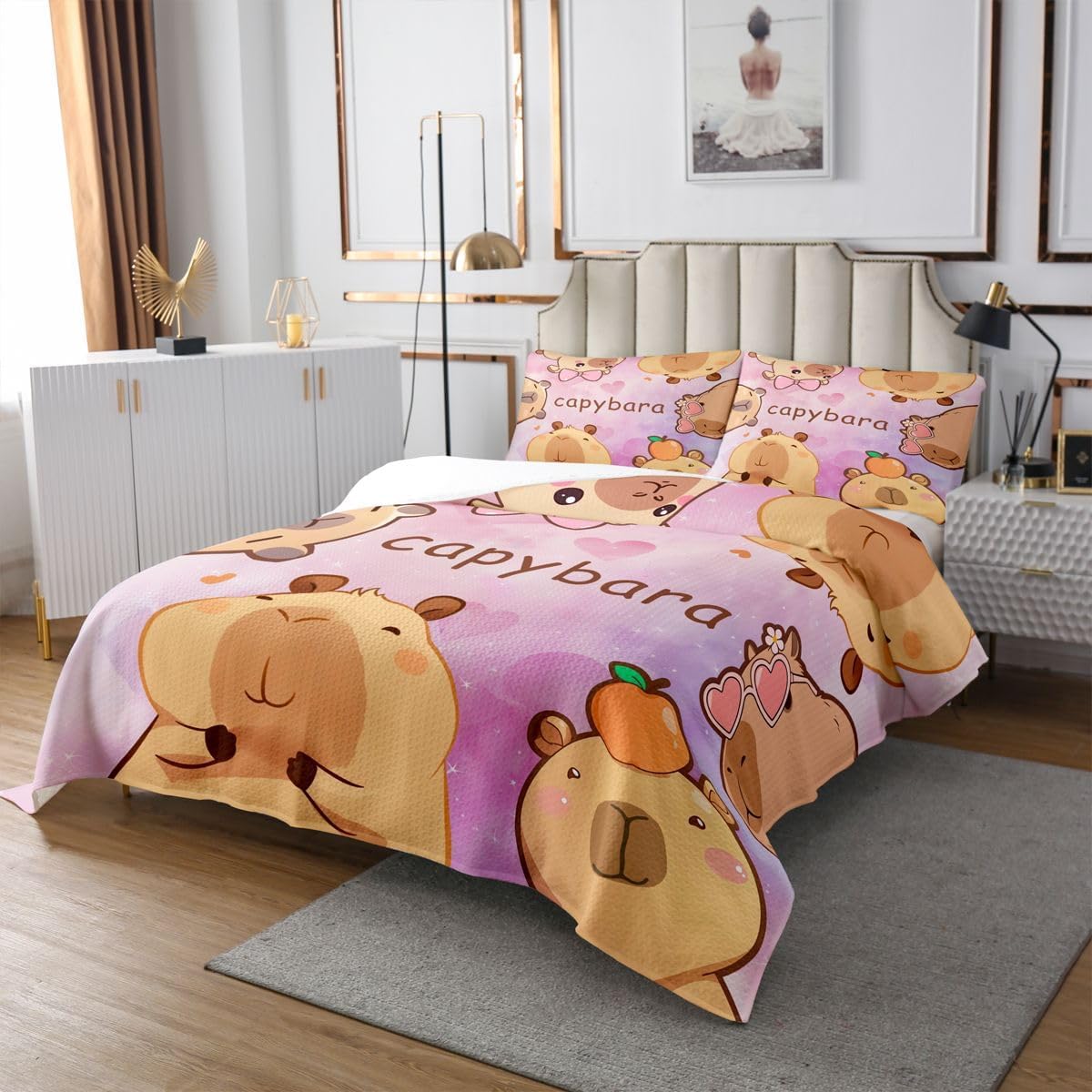 jejeloiu Cartoon Capybara Bedspread 2 Pieces Twin Size Funny Capybaras Coverlet Set Soft Cozy Capybara Lover Lightweight Quilted Coverlet for All Season with 1 Pillowcase Cute Animals