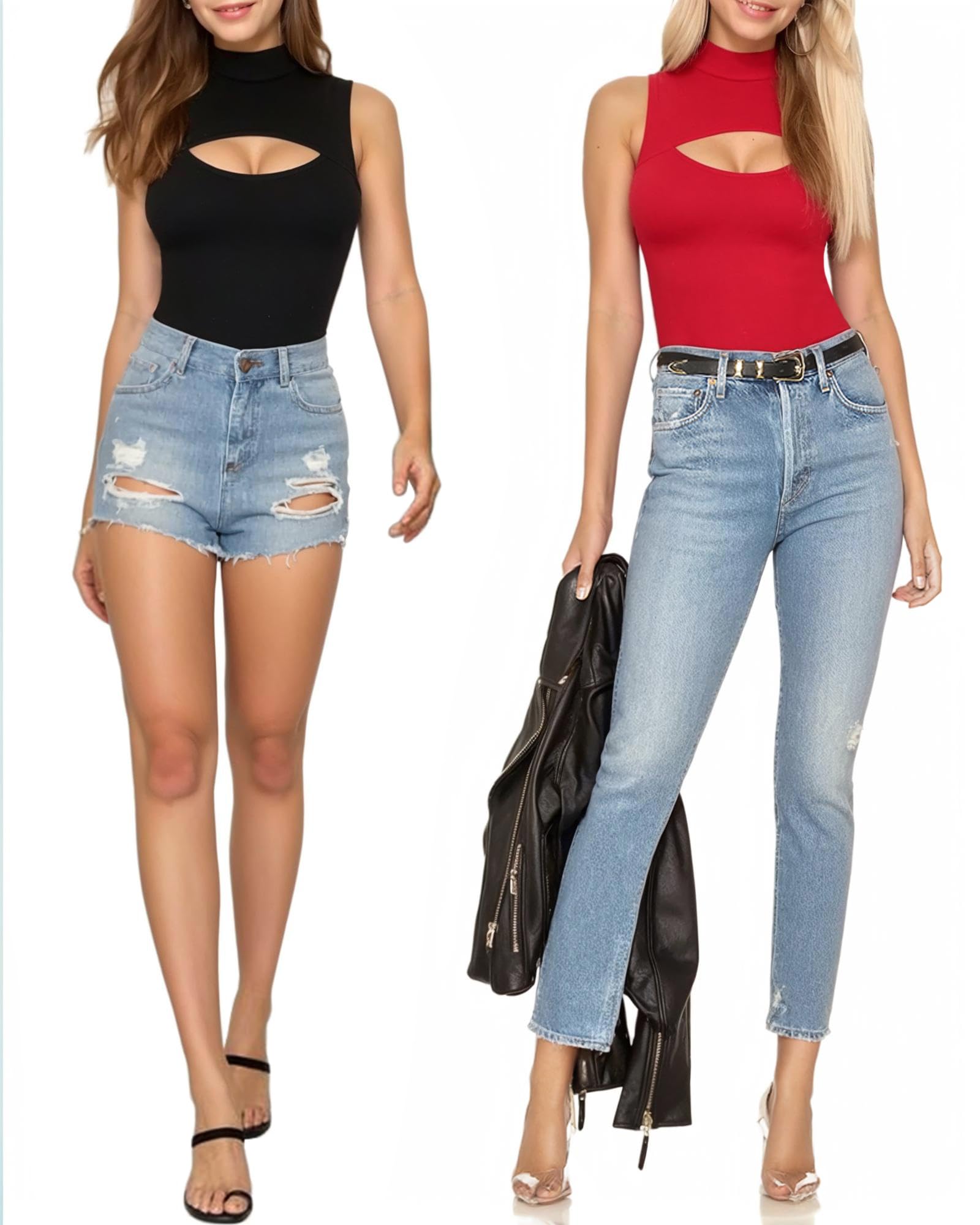 MANGOPOP Women's Mock Neck Cutout Front Bodysuit Long Sleeve Sleeveless Turtle Neck Body Suits Sexy Tops