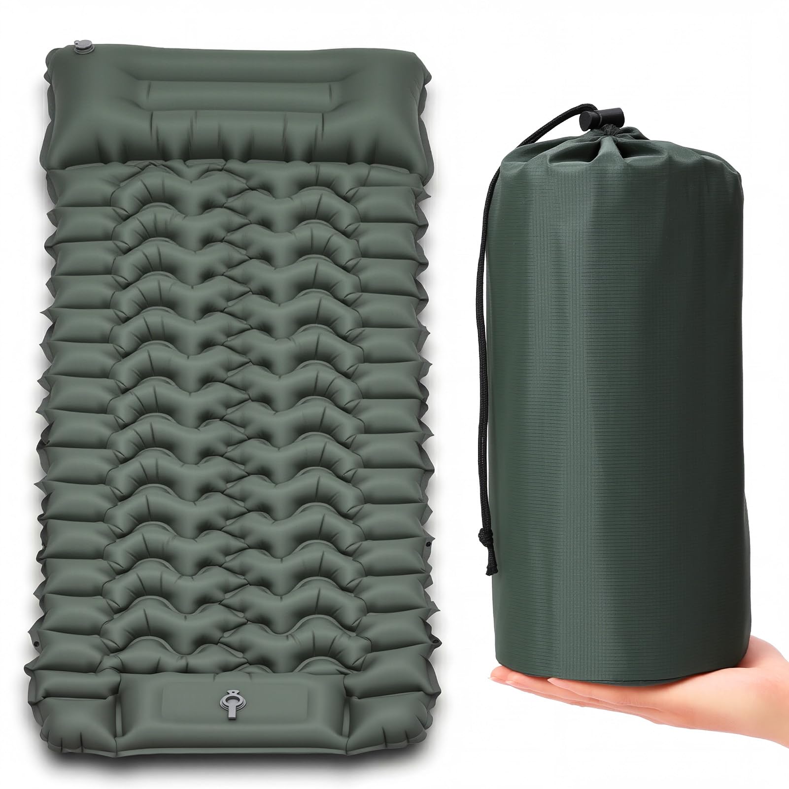Colchoneta Hinchable de Camping Ultraligera y Extraancha (Tamaño XL), Colchoneta Aislante con Cojín Integrado y Bomba de Pie, 196x74x9 cm, TPU 40D, Portátil para Exteriores y Viajes (Verde Militar)