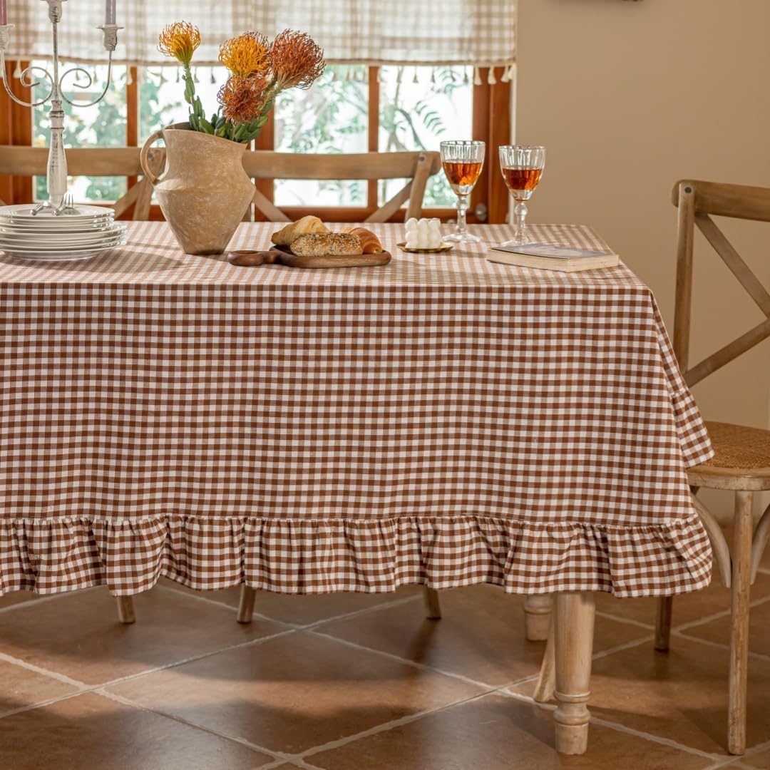 Coffee Plaid Ruffled Table Cover Linen Rectangle Gingham Tablecloth Classic Farmhouse Vintage Checkered Table Cover Decorative Buffalo Plaid for Home Holiday Party 70 x 55Inches